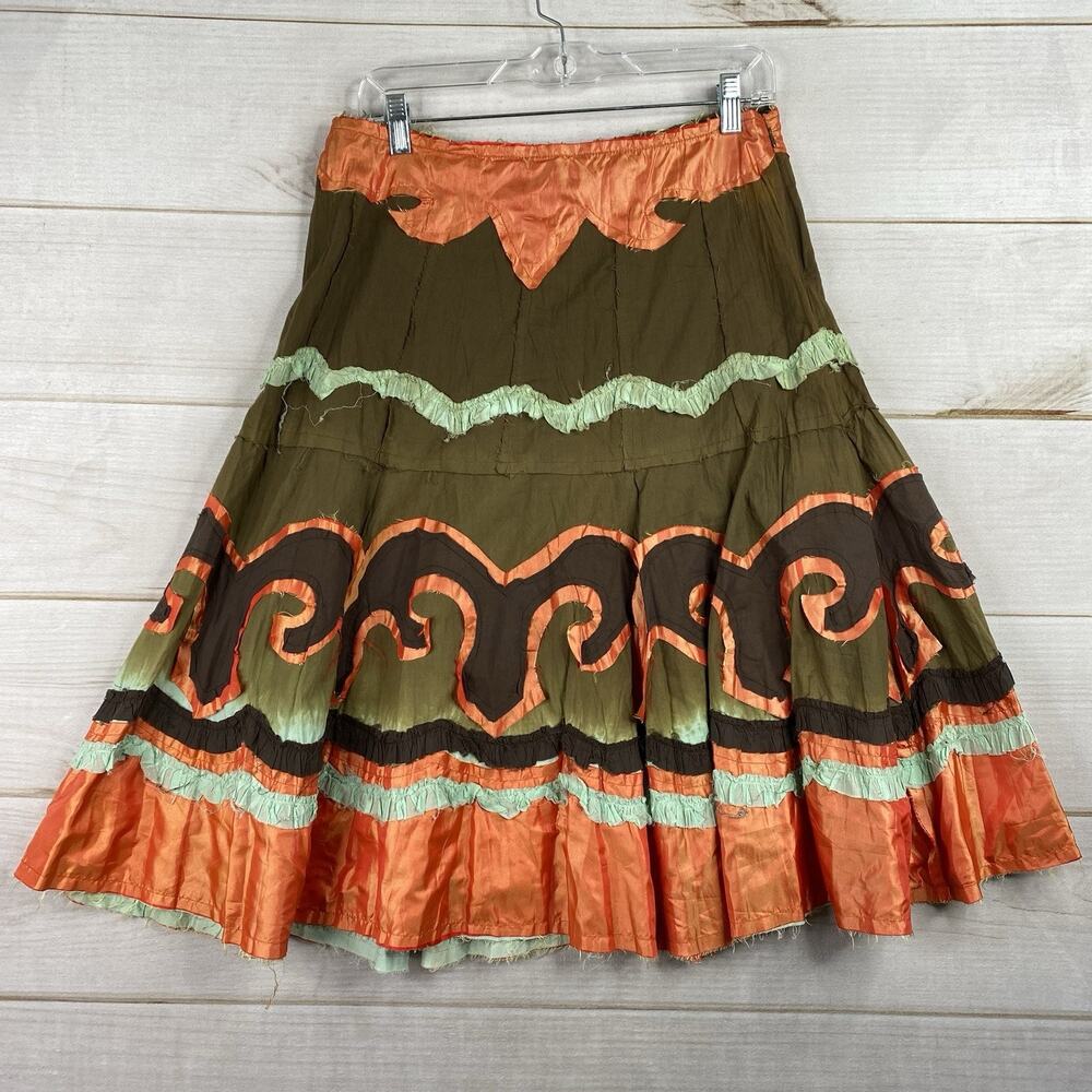Vintage Y2K Candies Skirt Sz M Green Orange Raw Hem Lined Tiered Boho Western